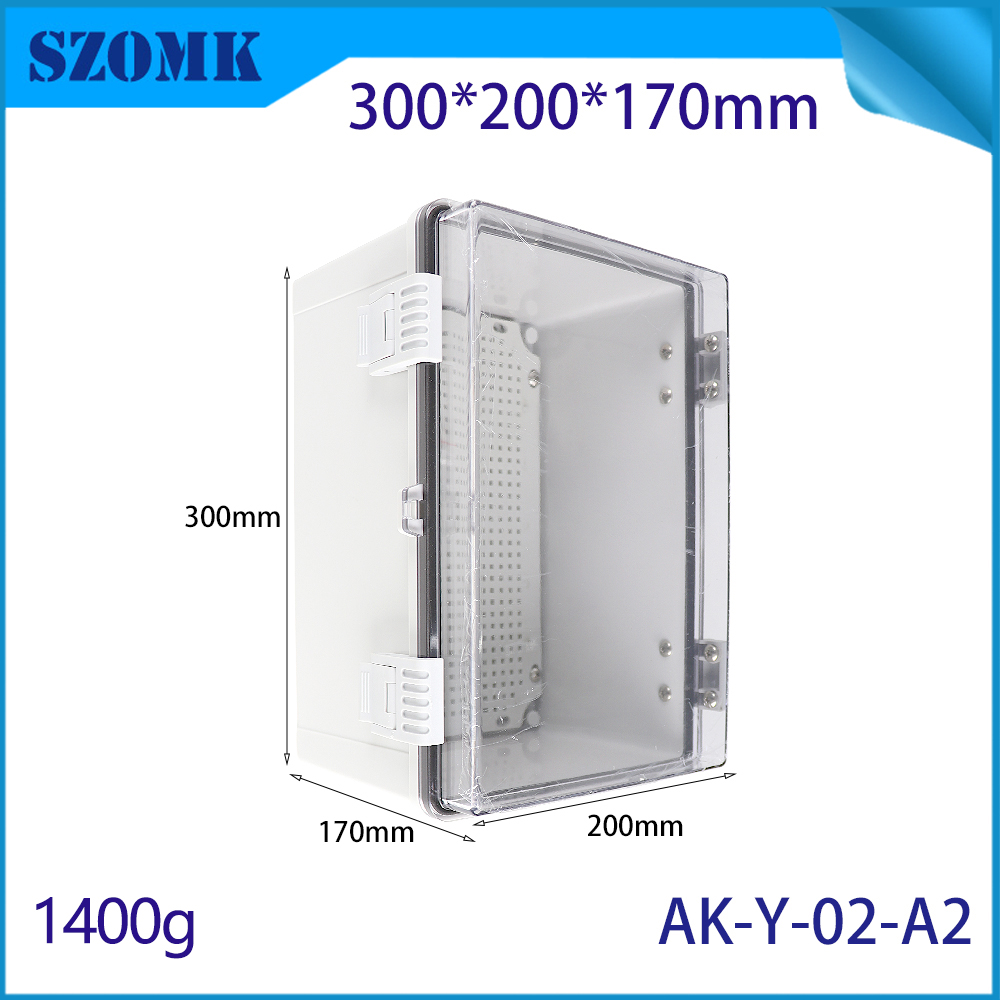 AK-Y-02A2铰链闩锁透明的盖子防水盒室外机柜IP67 ABS PC电子盒300x200x170mm