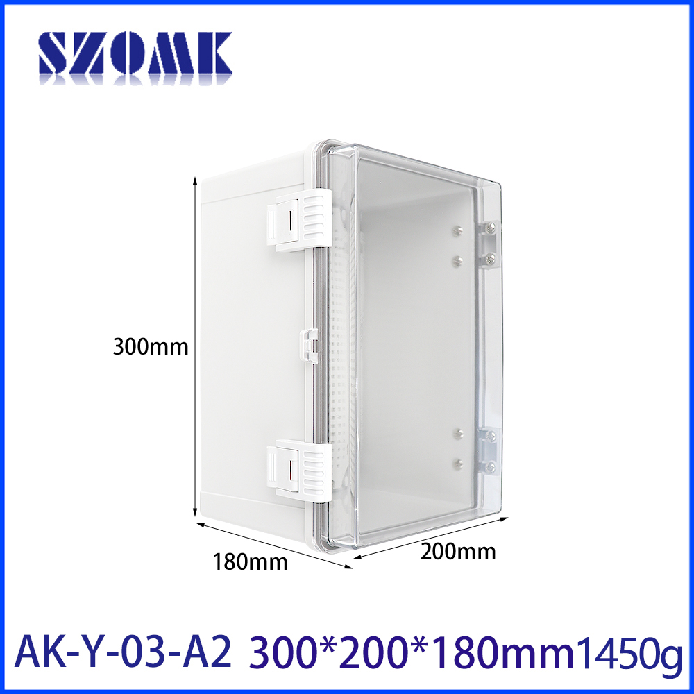 AK-Y-03A2 Grey Hinged Door Small Waterproof Box Power Electrical Enclosure Box With Clear Lid 300X200X180MM