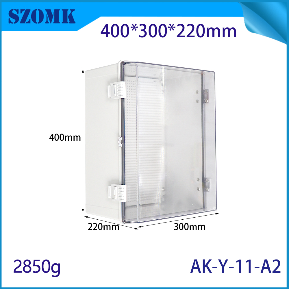 AK-y-111a2自定义IP67防水ABS和PC材料接线盒塑料设备用于户外通用项目外壳带有透明盖灰色400x300x220mm