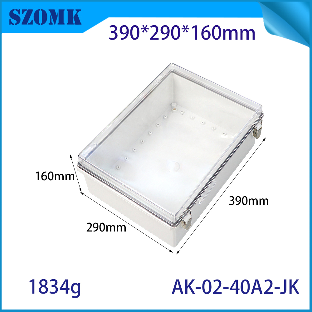 AK-02-40A2-JK Elektrische Boxen Scharnier Shell Outdoor Universal Project Gehege PC Clear Deckungsgehäuse Box 390x290x160mmmm