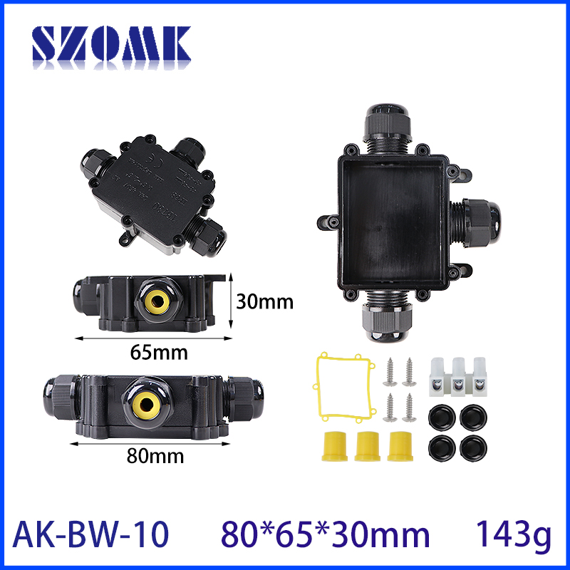 80*65*30 mm AK-BW-10 Outdoor-Gehäuse wasserdichtes IP68 3-Wege-Steckleitungskabelanschluss Drahtbereich 4-15 mm Netzkabel Elektrische Anschlusskastenanschluss
