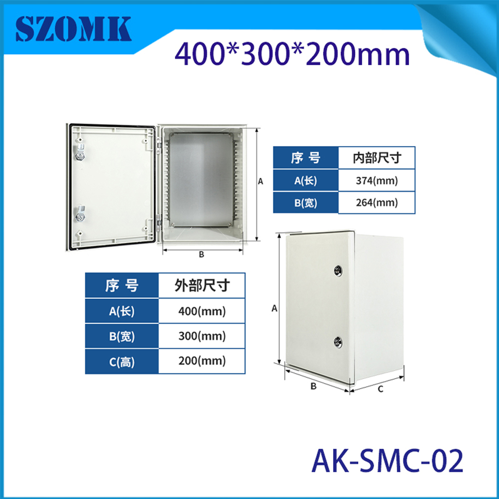 Panneau de Distribution résistant à la Corrosion du boîtier IP65 de fibre de verre de SMC de 400*300*200MM pour la boîte de combinaison solaire et les systèmes électriques
