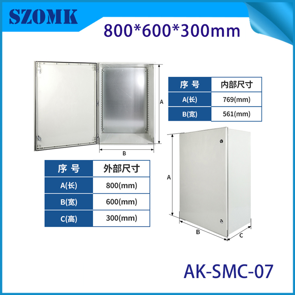 Boîtier de commande SMC Durable, 800x600x300M, boîtier industriel évalué IP65 avec charnières et serrure à clé