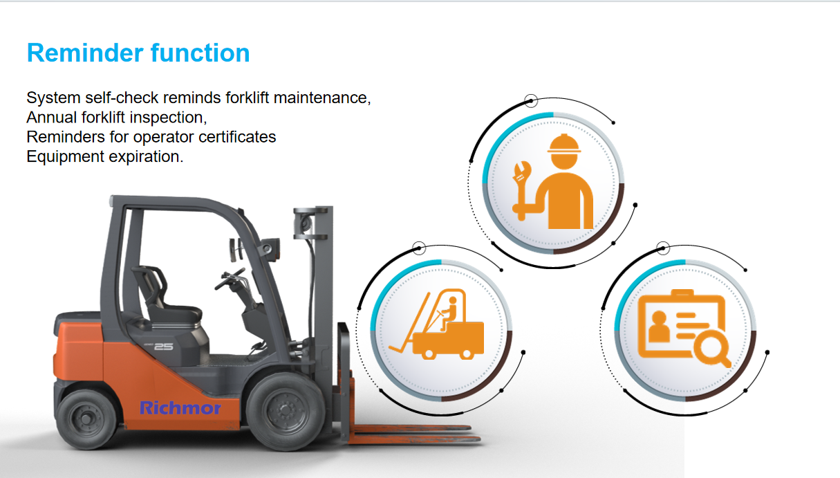 Richmor smart forklift solution 4G GPS and g-sensor speed limit control optional, driving behavior detection, seat belt detection