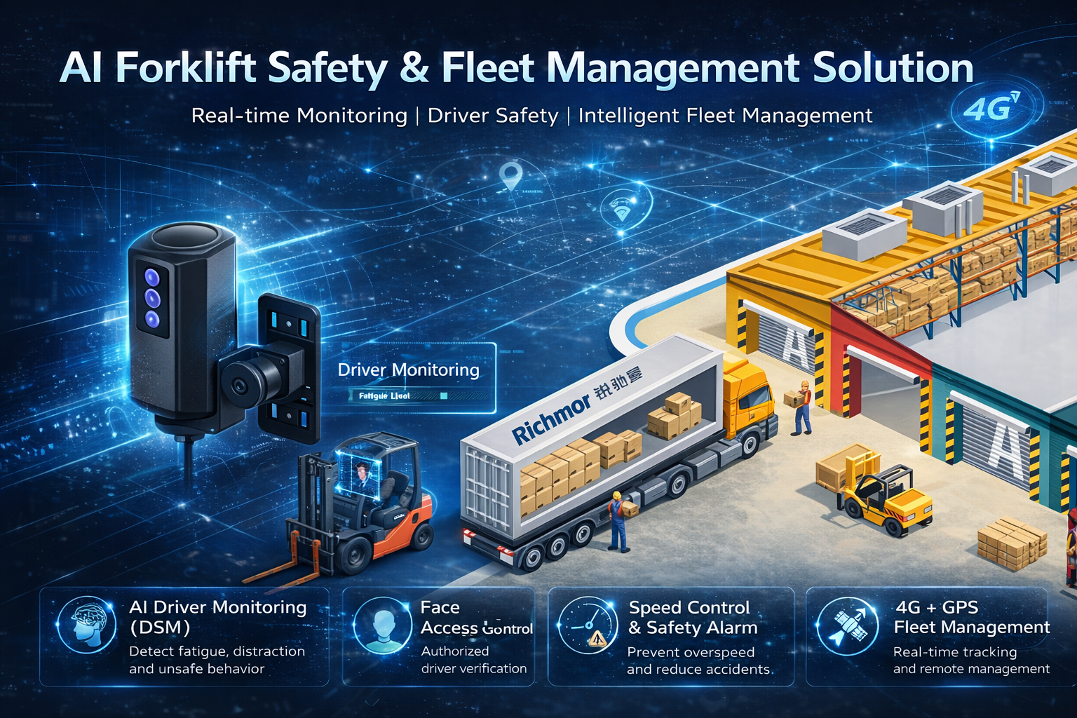 AI Forklift Safety Camera System with 4G WiFi GPS BSD, Seatbelt & Helmet Detection for Fleet Management