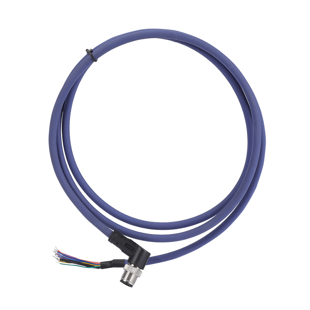 Conector macho M12 12 de 17 pines Cable PUR blindado de un solo extremo en ángulo azul o morado blindado