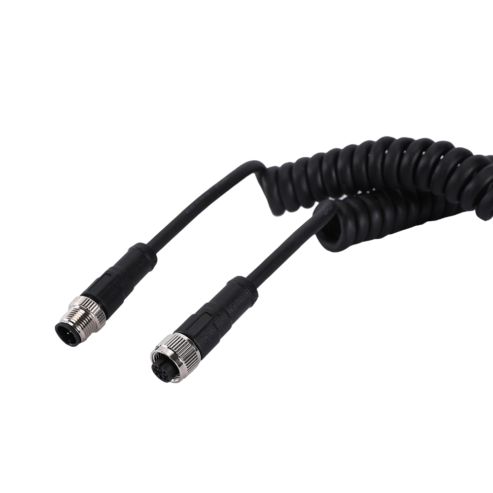 M12 3 4 5 contacts straight or right angle female spiral cable