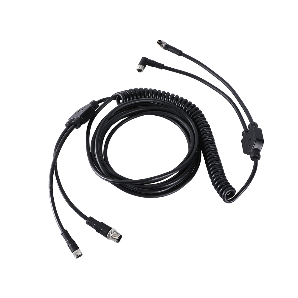 M12 M8 male female straight right angle Y-splitter coil cord