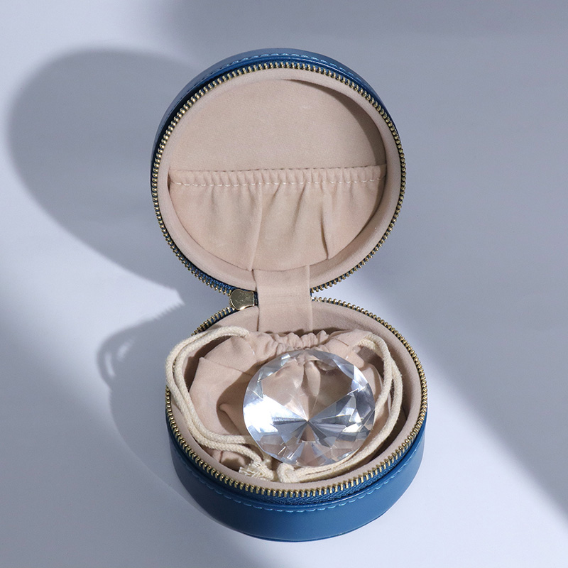 navy blue pu leather jewelry packaging case zipper jewelry case packaging box round jewelry case