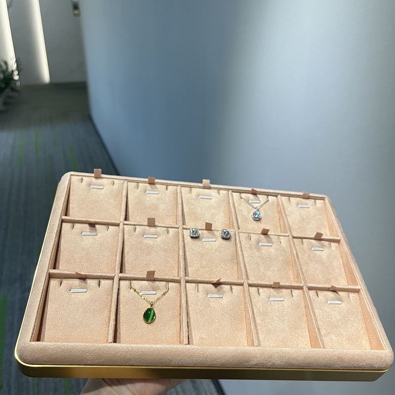 customize counter jewelry display tray aluminium alloy frame jewelry tray display pendant tray earrings peach color tray