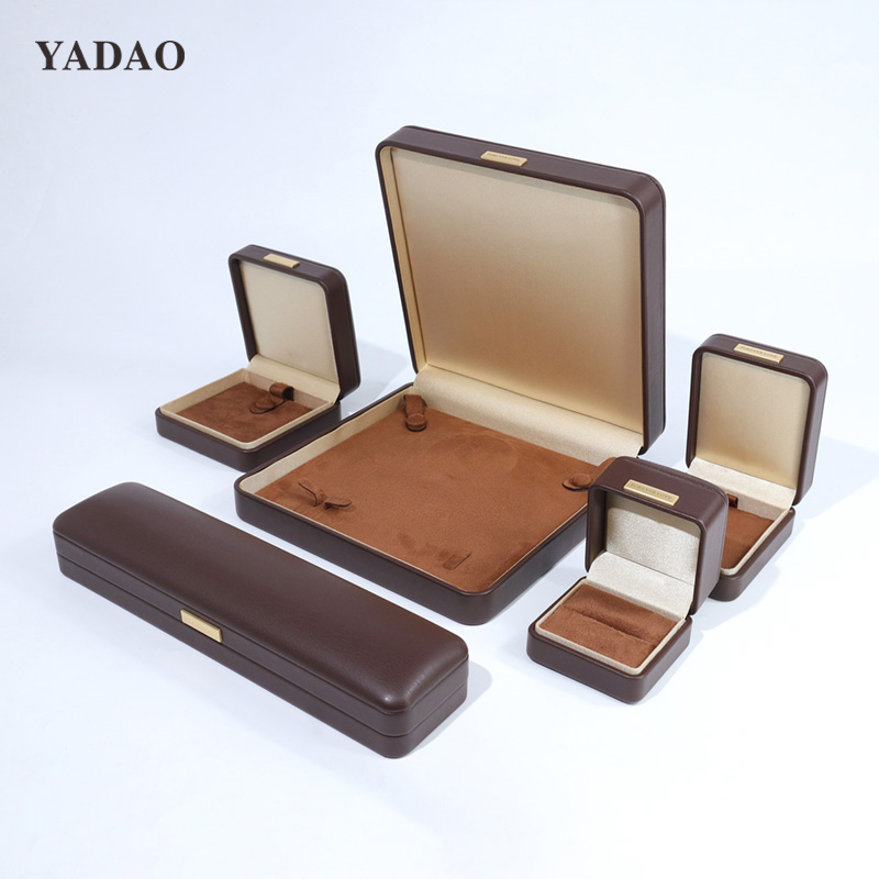 brown serise soft touch leather custom ring jewellery design packaging set multifunctional box with logo plate
