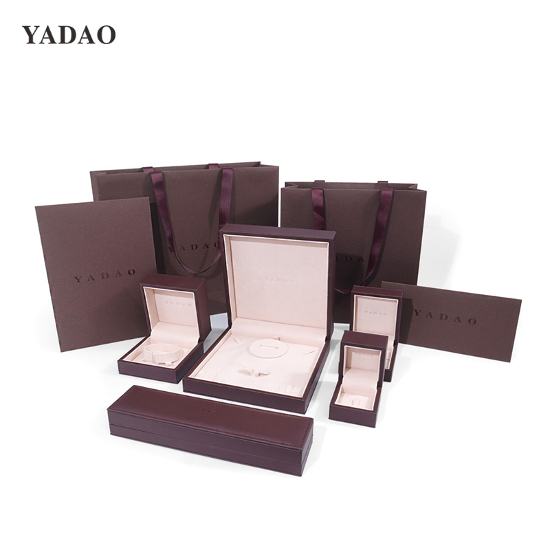 fashionable stylish functional Claret red pu leather microfiber full set diamond wedding jewelry packaging box