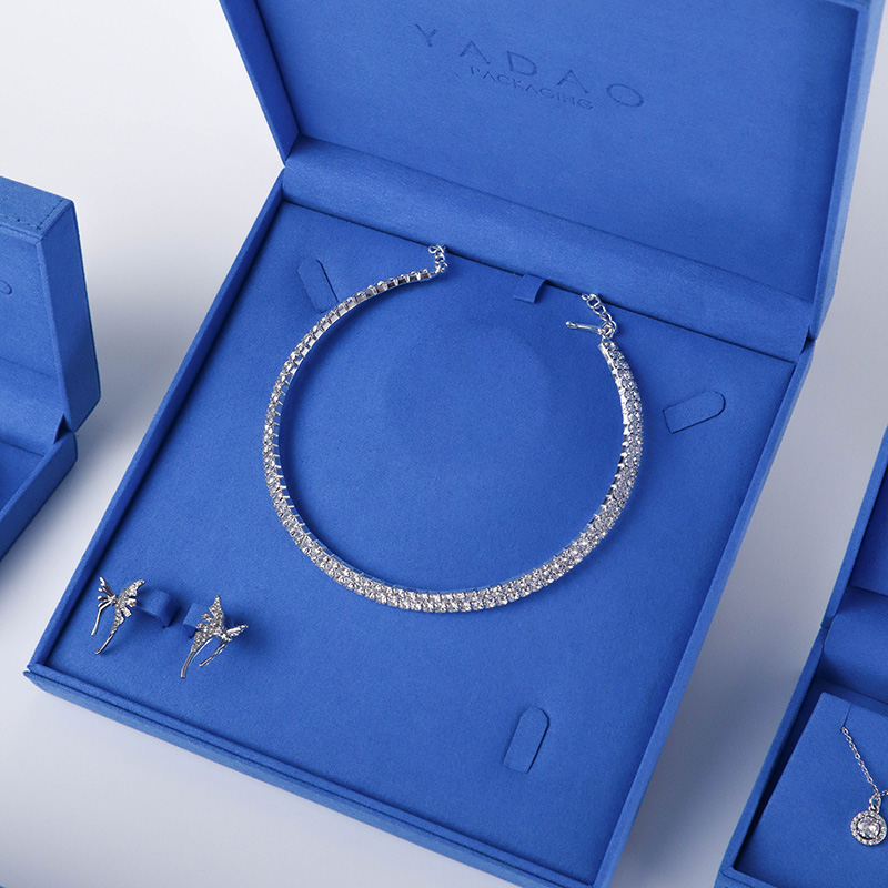 customize quality jewelry box blue microfiber plastic jewelry box necklace packaging box