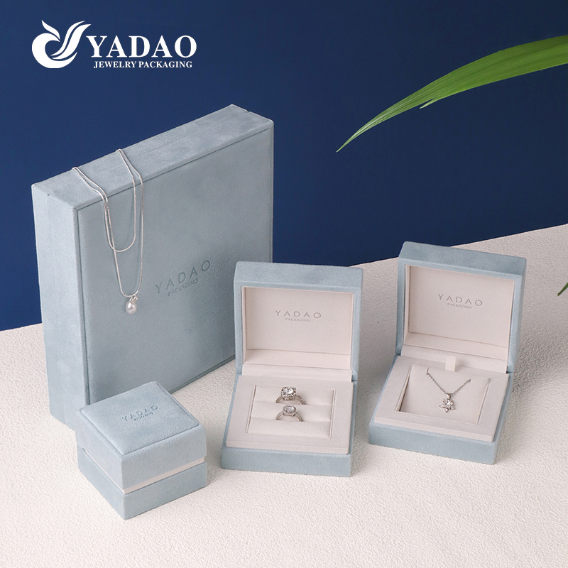 China Sky Blue Velvet Jewelry Box Collection Customizable Luxury Packaging manufacturer