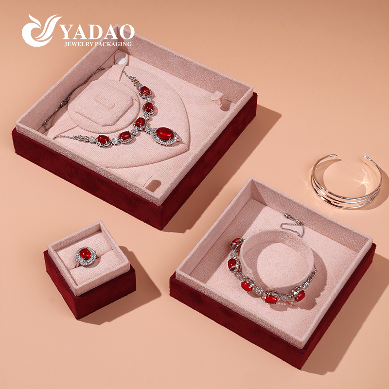 China Luxury Wine Red Ultra Fine Velvet Jewelry Box Set Ring Pendant Bangle Gift Boxes Customizable manufacturer