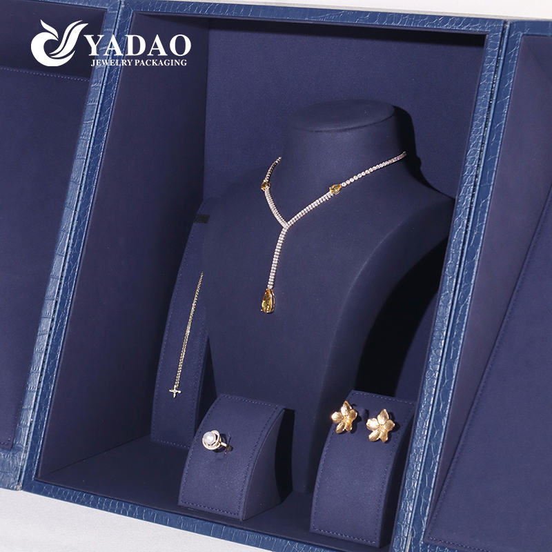 Caja de almacenamiento de joyería con textura de cocodrilo azul marino de doble puerta premium