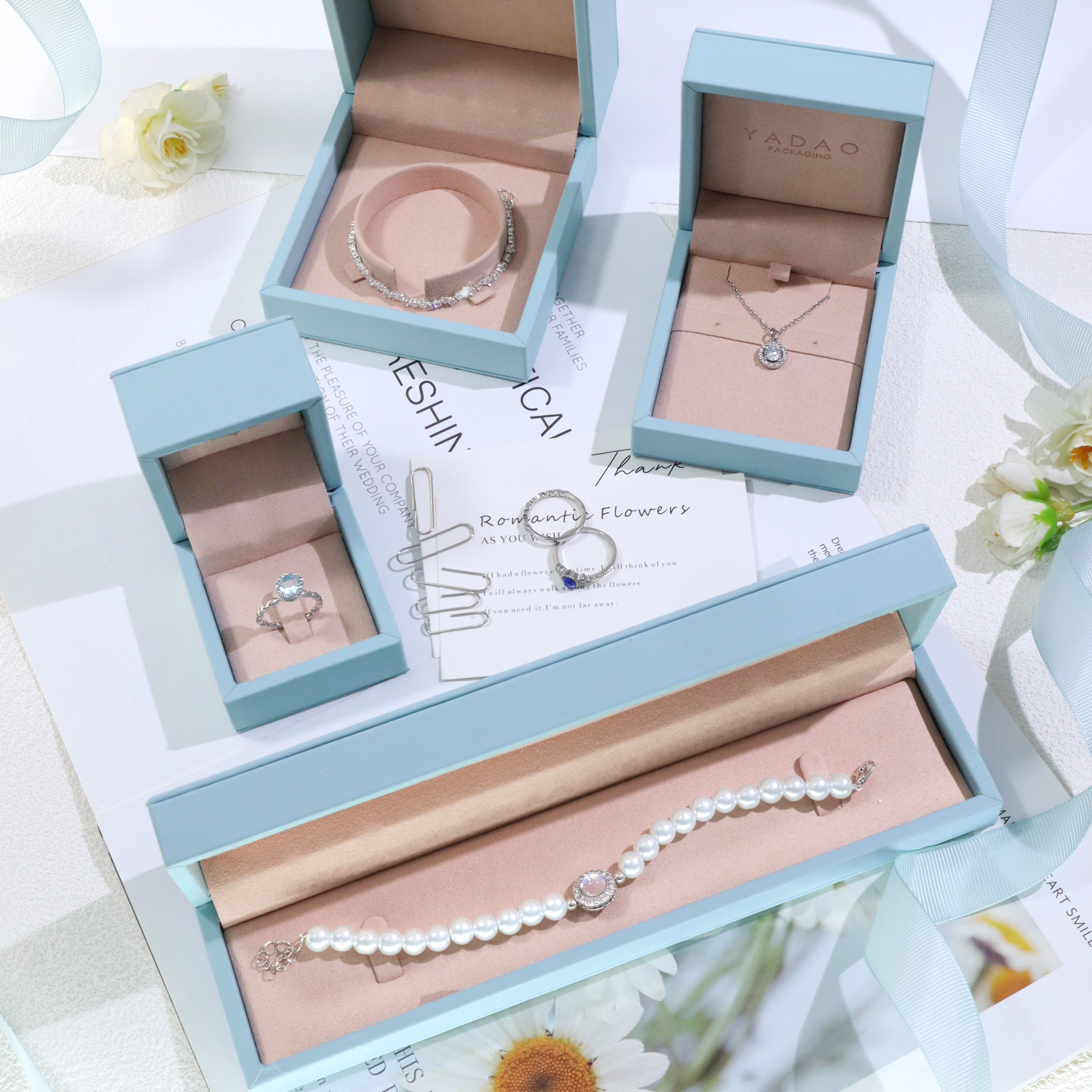 China Misty Blue PU Leather Jewelry Box Collection – Customizable Luxury Packaging for Rings, Necklaces & More manufacturer