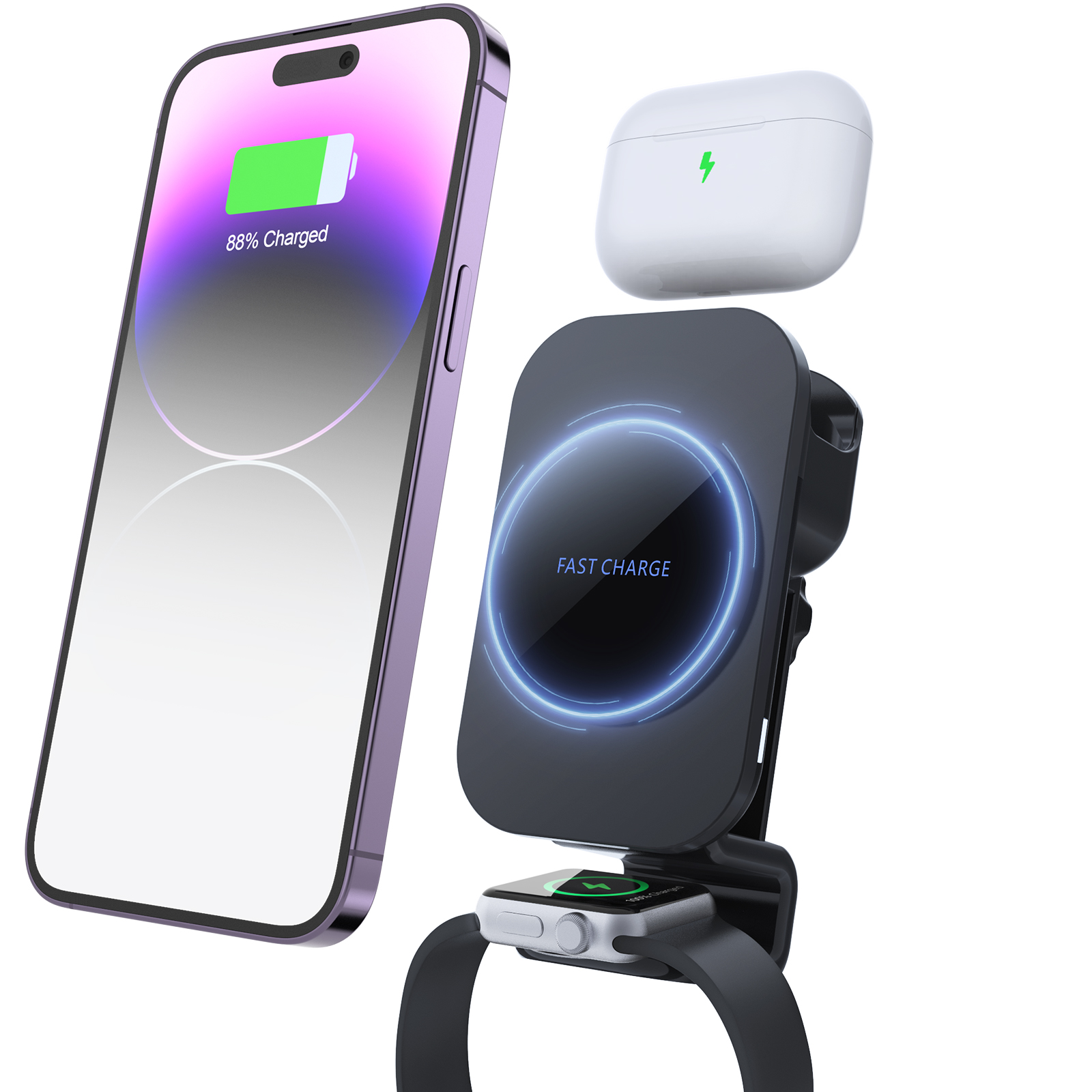 Personalização do módulo de carregador sem fio três em um de 15 W Personalização do módulo de carregamento sem fio do carro magnético 3 em 1