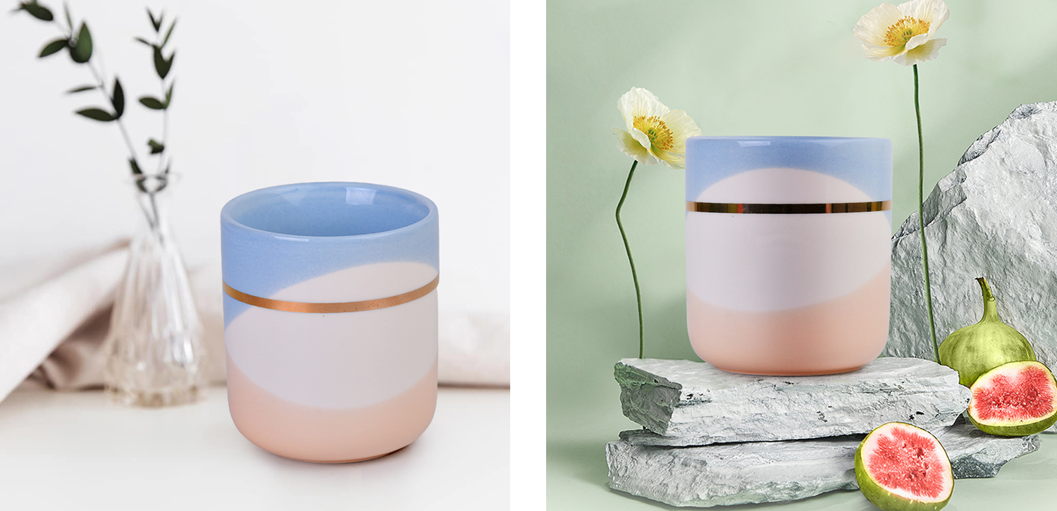 Custom gold loop blue white orange wavy pattern empty ceramic candle container jar Custom gold loop blue white orange wavy pattern empty ceramic candle container jar