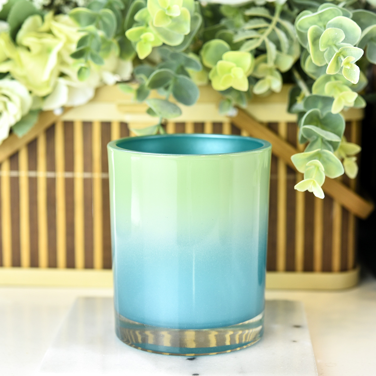 China Wholesale Straight Edge Glass Candle Container Cyan Gradient Green manufacturer