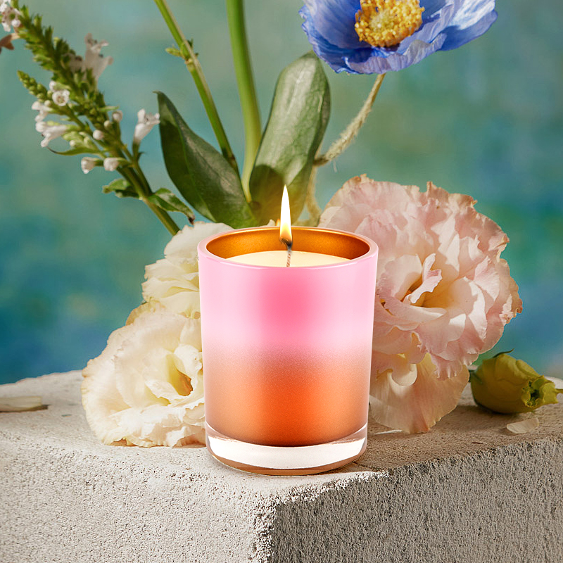 China Luxury customized Straight Edge Glass Candle Container Orange gradient pink wholesale manufacturer