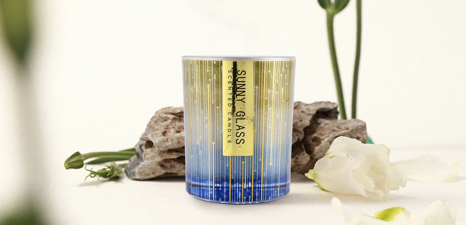 Luxury home custom vertical stripe blue and yellow glass candle jar Luxury home custom vertical stripe blue and yellow glass candle jar