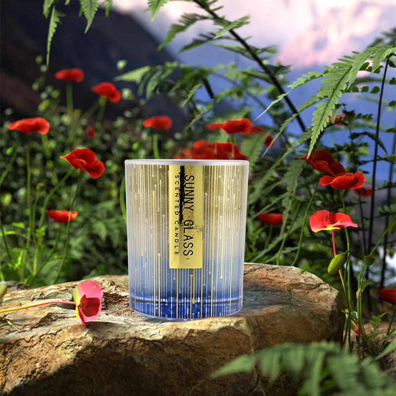 China Luxury home custom vertical stripe blue and yellow glass candle jar manufacturer