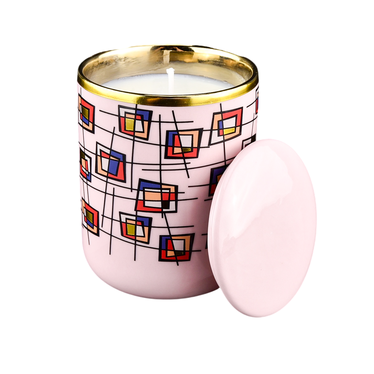 Luxury blue multicolored block pattern ceramic candle holders with lid