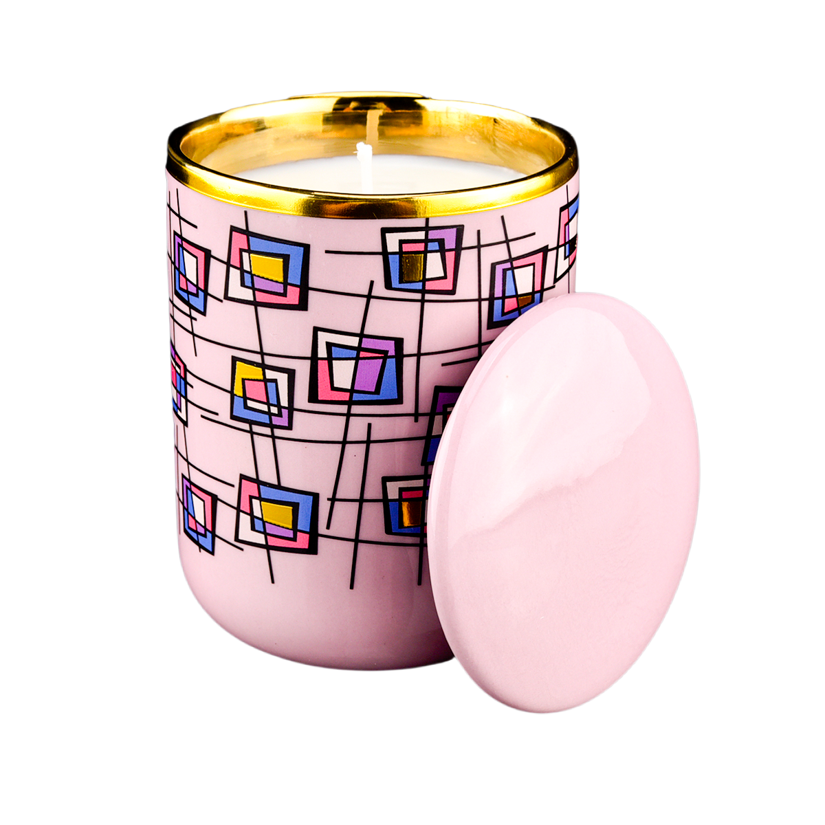 Luxury blue multicolored block pattern ceramic candle holders with lid