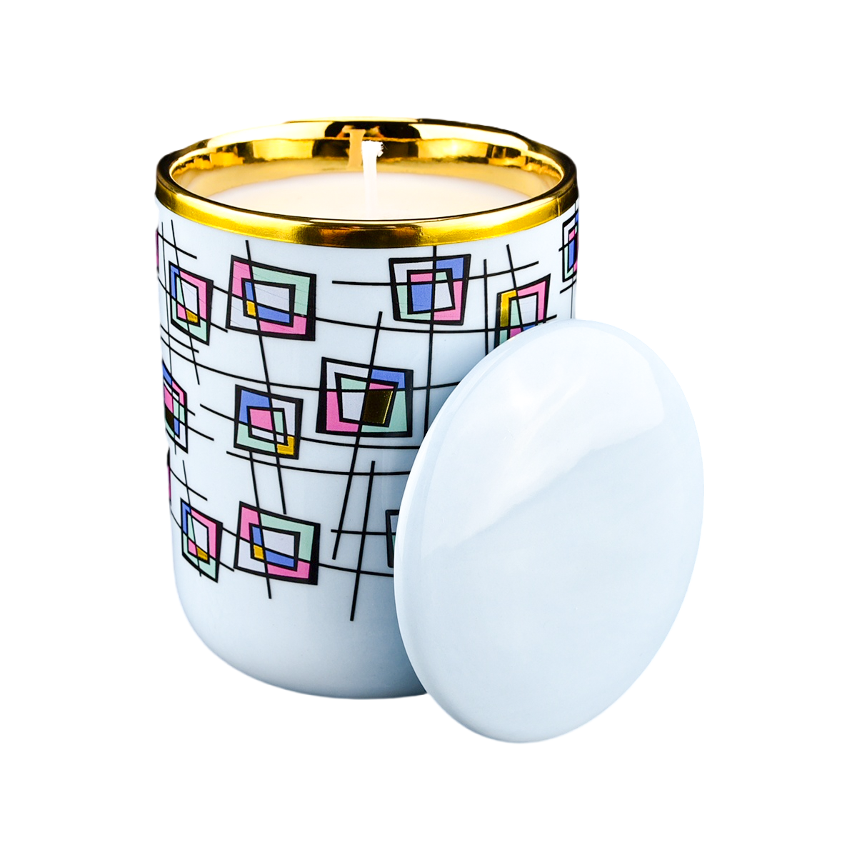 Luxury blue multicolored block pattern ceramic candle holders with lid