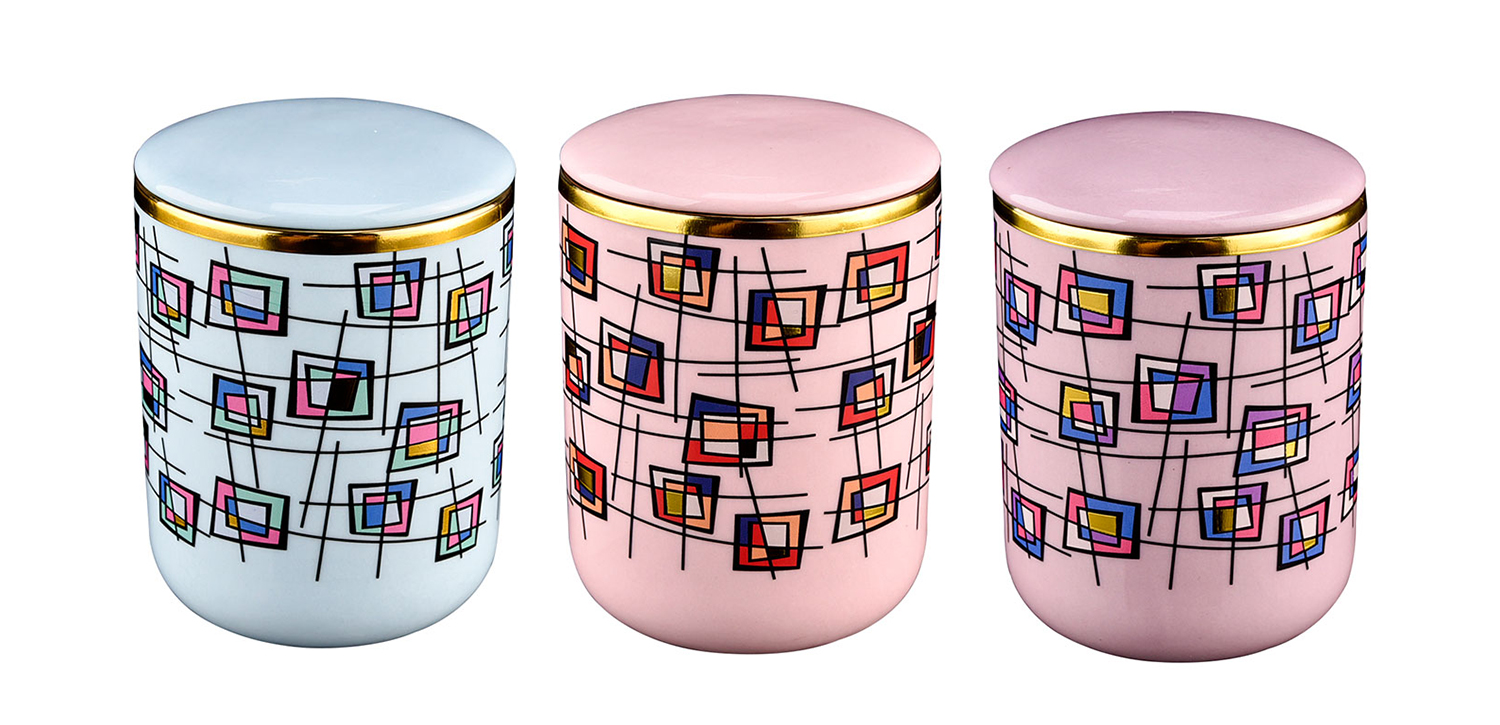 Luxury blue multicolored block pattern ceramic candle holders with lid