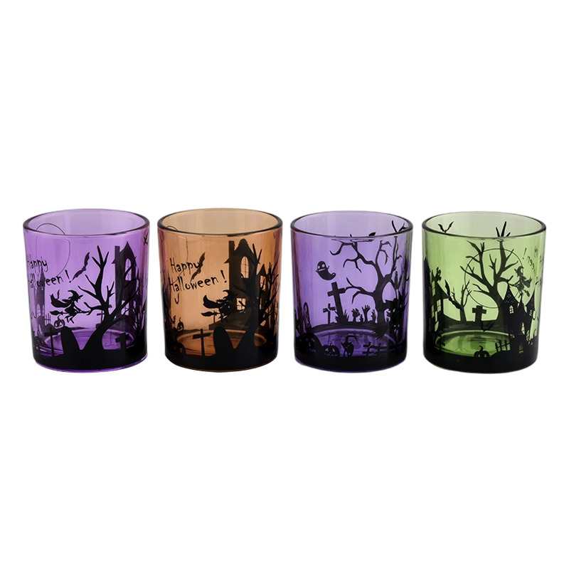 Manufacturers direct custom purple halloween graffiti decorated empty glass candle jars