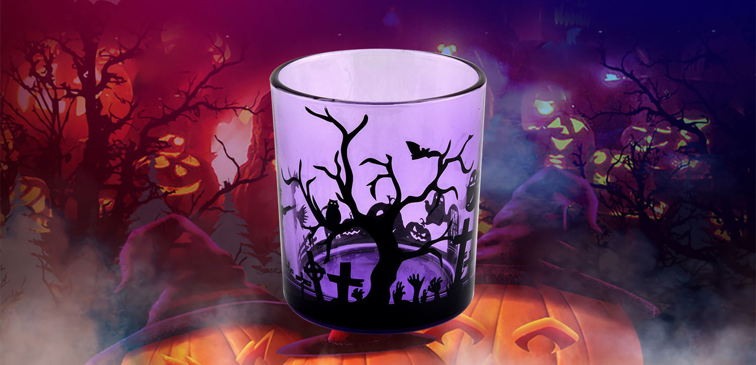 Manufacturers direct custom purple halloween graffiti decorated empty glass candle jars
