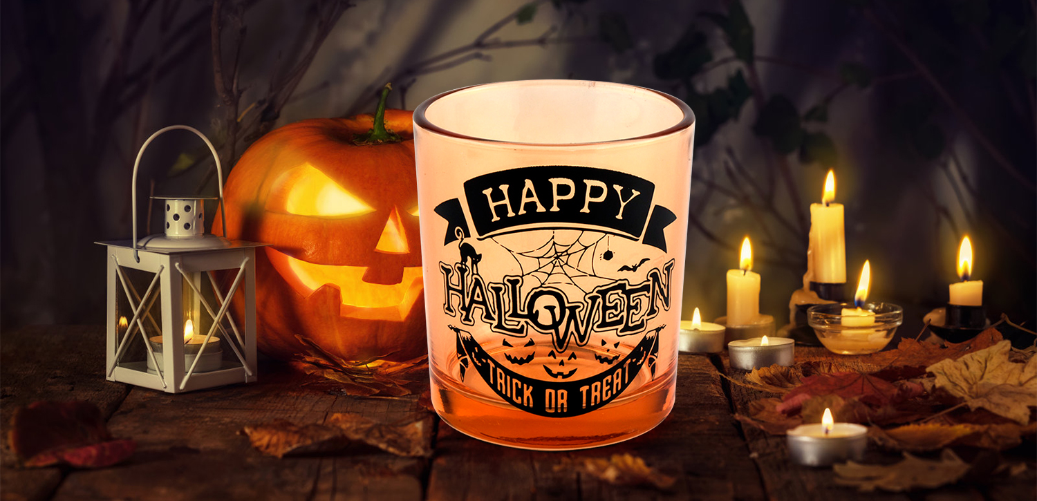 Wholesale orange halloween graffiti glass candle jars decorated for the holiday Wholesale orange halloween graffiti glass candle jars decorated for the holiday