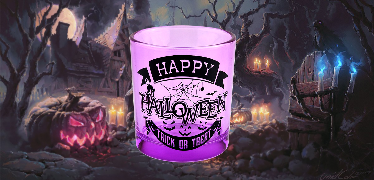 Halloween holiday decoration purple glass candle jar black lettering graffiti used for candle making Halloween holiday decoration purple glass candle jar black lettering graffiti used for candle making