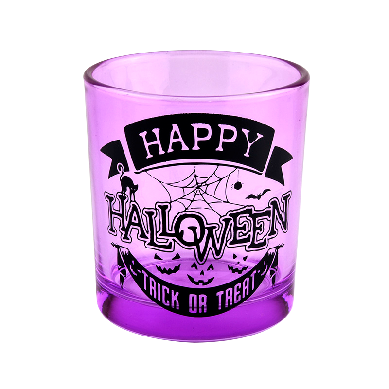Halloween feriedekoration lilla lyskrukke i glas sort bogstaver graffiti brugt til stearinlysfremstilling