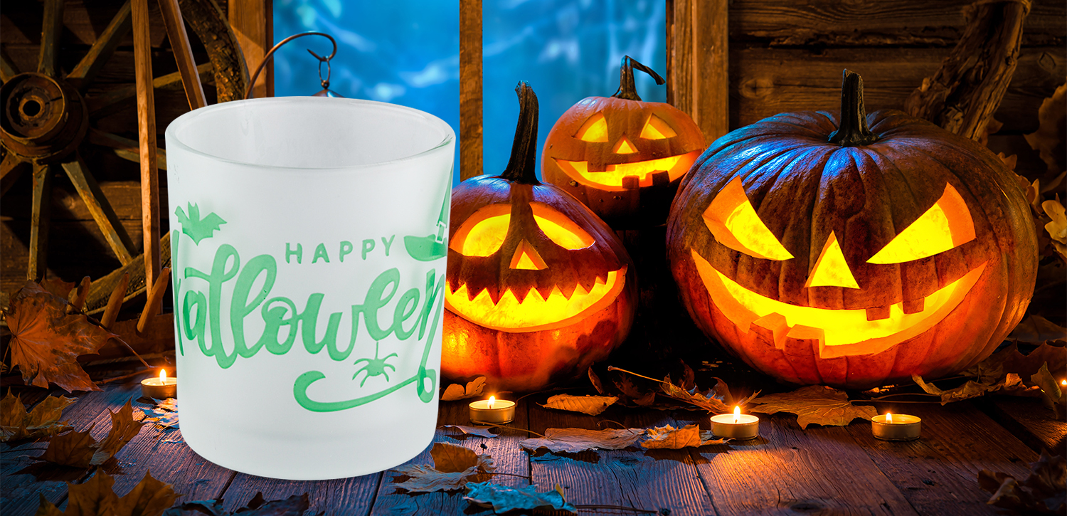 Wholesale white frosted green graffiti Halloween glass candle jars for party event decorations Wholesale white frosted green graffiti Halloween glass candle jars for party event decorations