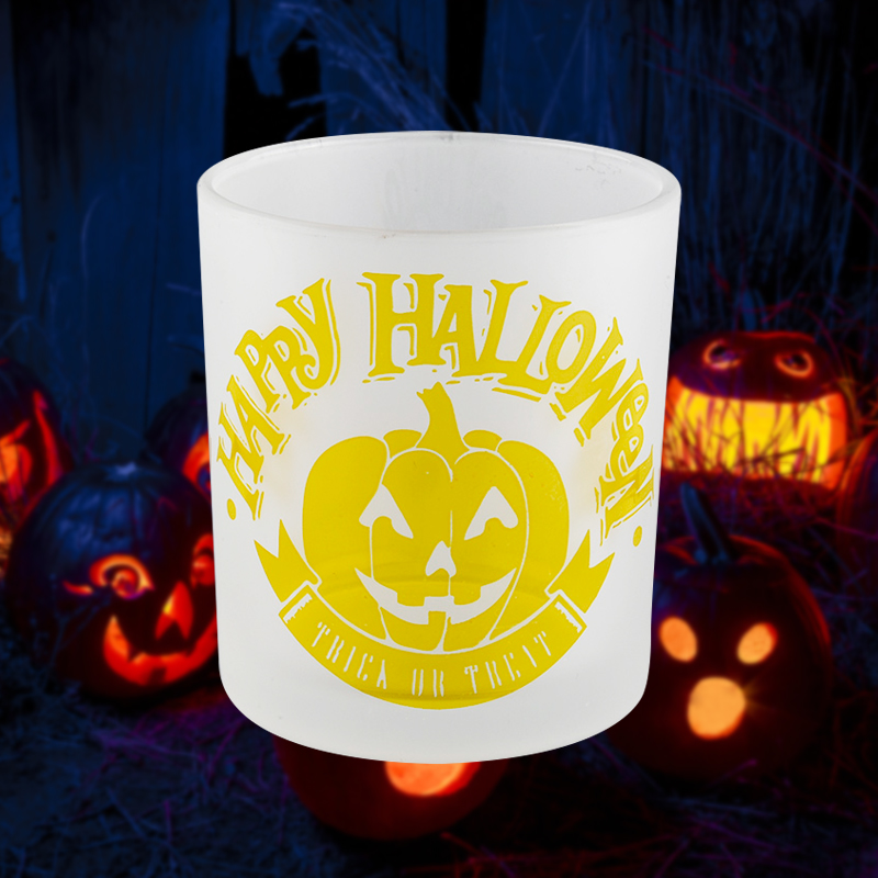 Brugerdefineret matteret gult græskar Halloween mønster glas lys krukke lysestage dekoration