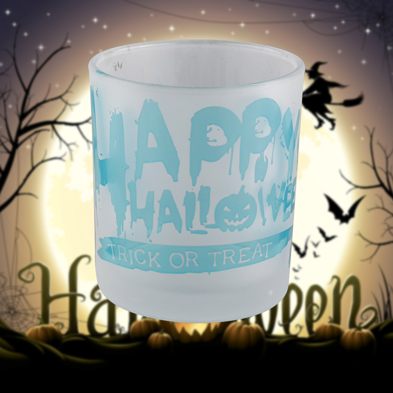 Luksus hvid frostet blå Halloween graffiti mønster glas stearinlys krukker engros