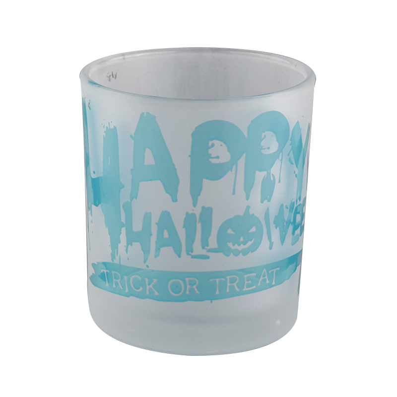 Luksus hvid frostet blå Halloween graffiti mønster glas stearinlys krukker engros