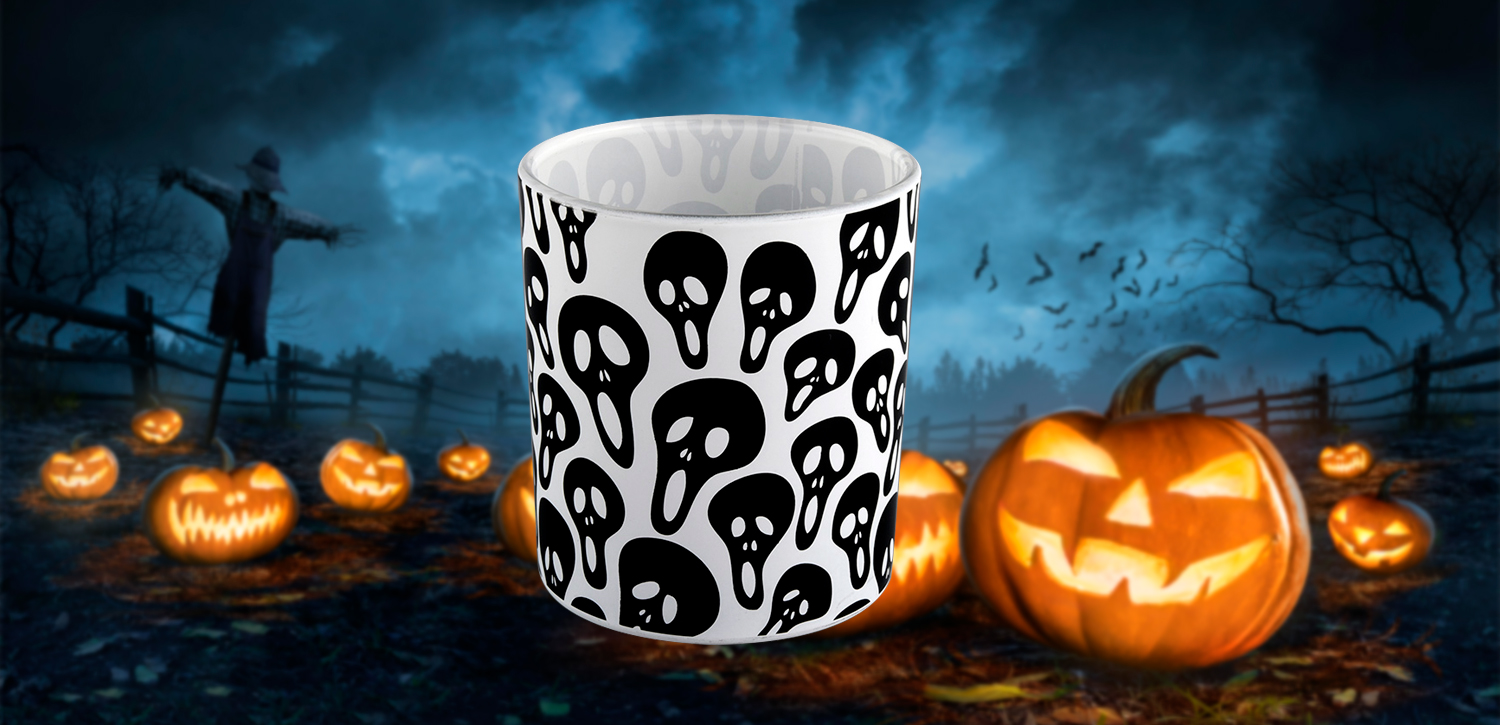 Luxury white glass candle jar Halloween black skeleton graffiti candle jars wholesale Luxury white glass candle jar Halloween black skeleton graffiti candle jars wholesale