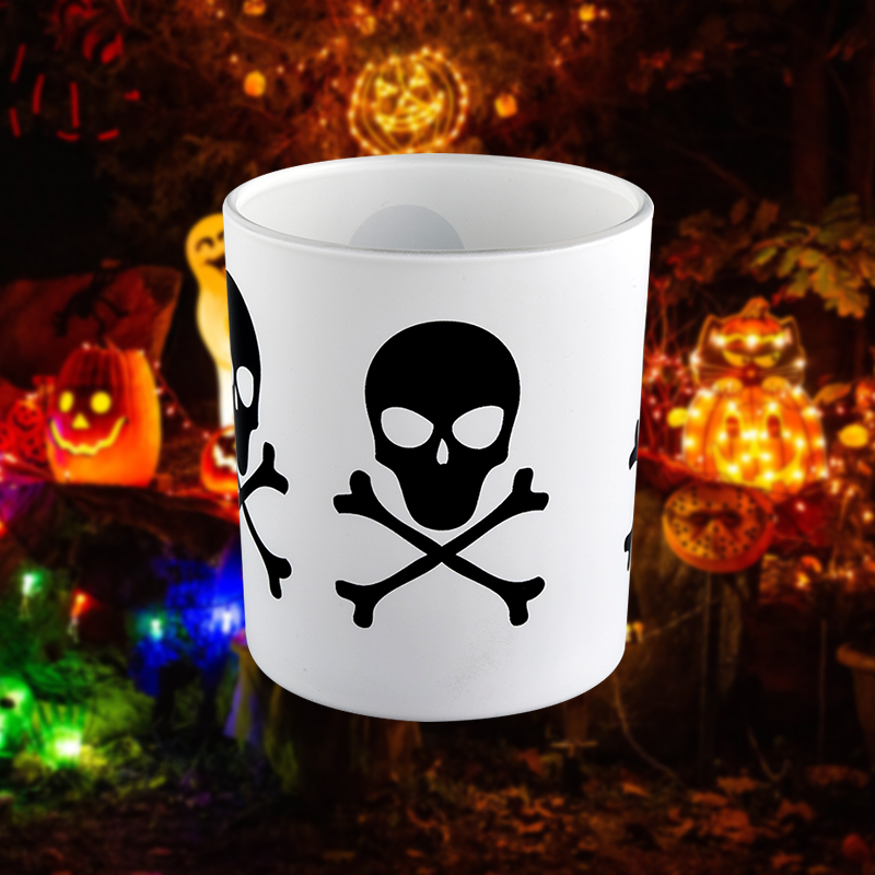 Høj kvalitet hvid glas stearinlys krukke Black Skull graffiti Halloween mønster engros