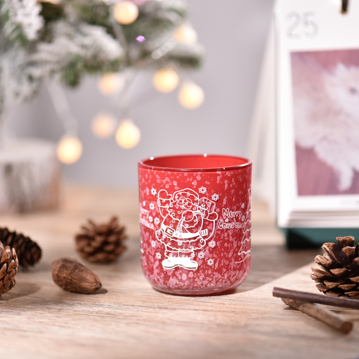 Engros rød juledecal papir glas lysestage med låg