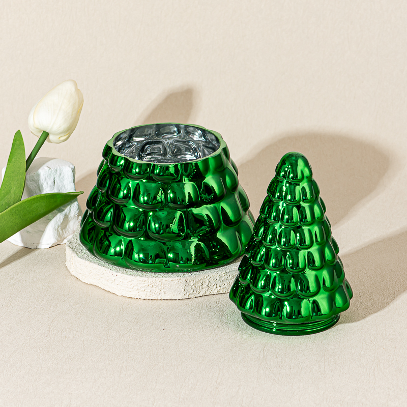 Wholesale bionic pine needle Christmas tree glass candle jar with lids