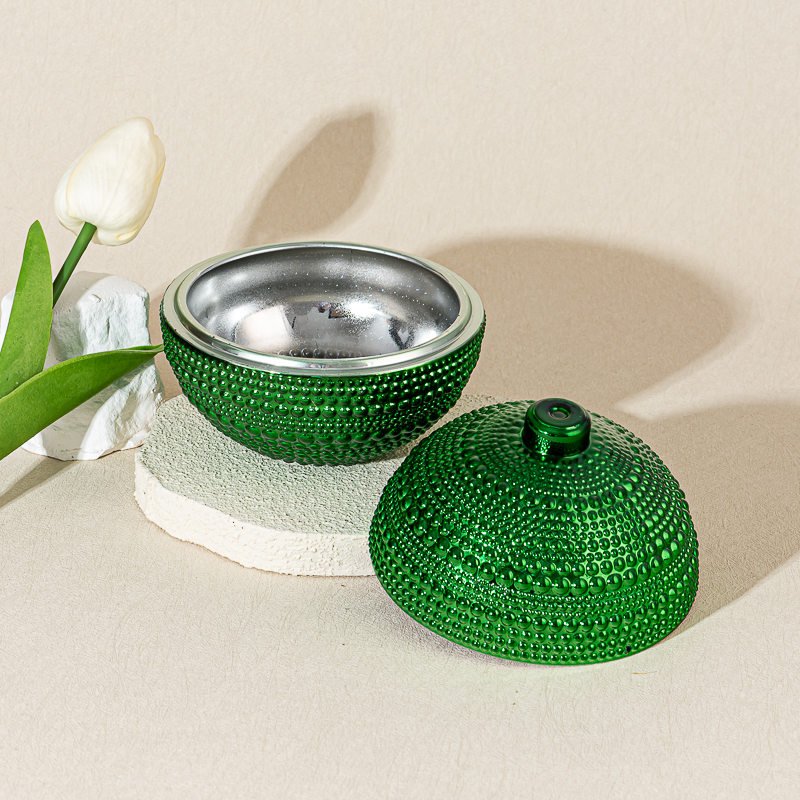 Wholesale Green Spherical Glass Candle Jar with Bead Patterns, Lid Included, Aromatherapy Candle Holder