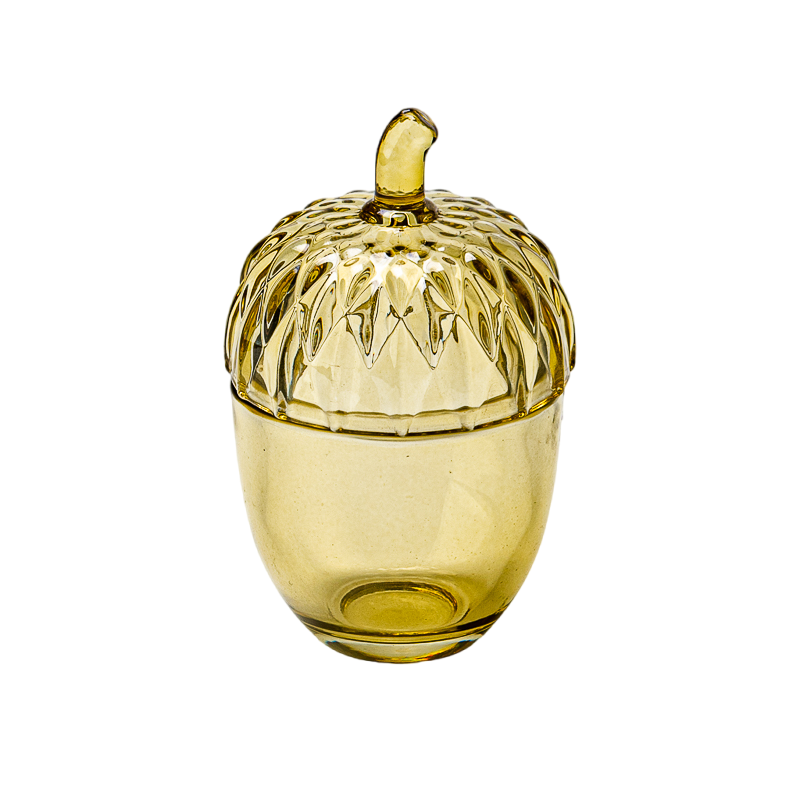 Venta al por mayor de tarros de vela de vidrio con forma de bellota de color ámbar con tapas