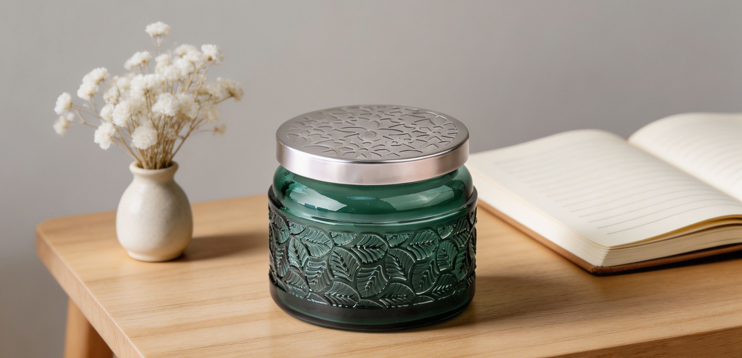 Wholesale Emerald Green Embossed Glass Candle Jars with Hammered Metal Lids