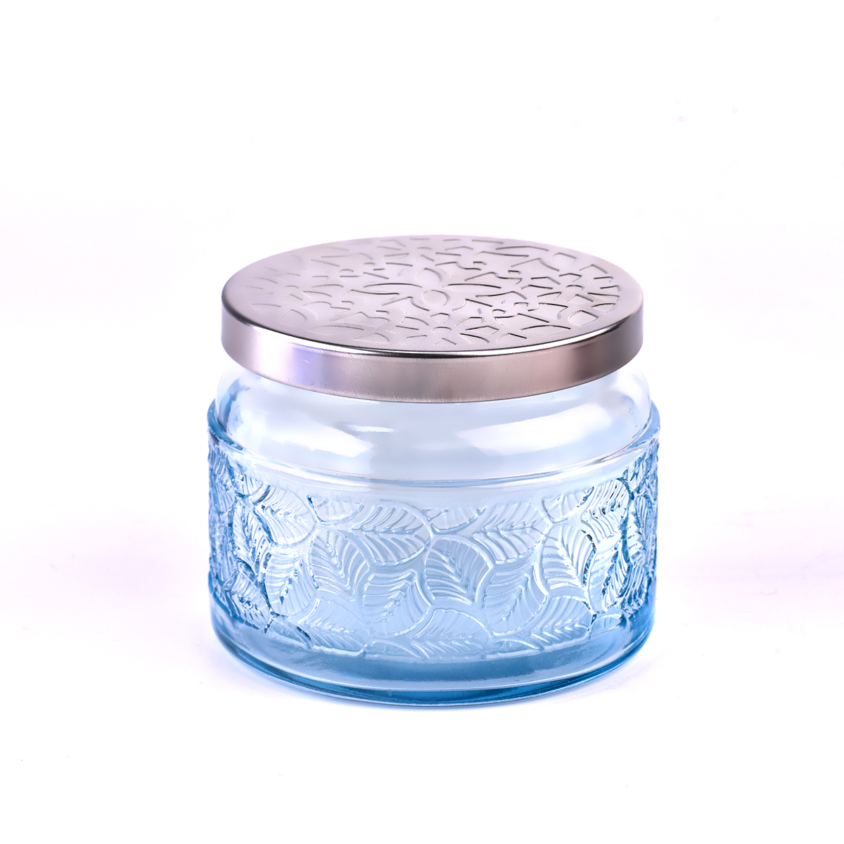 Wholesale Sky Blue Embossed Glass Candle Jars with Hammered Silver Metal Lids