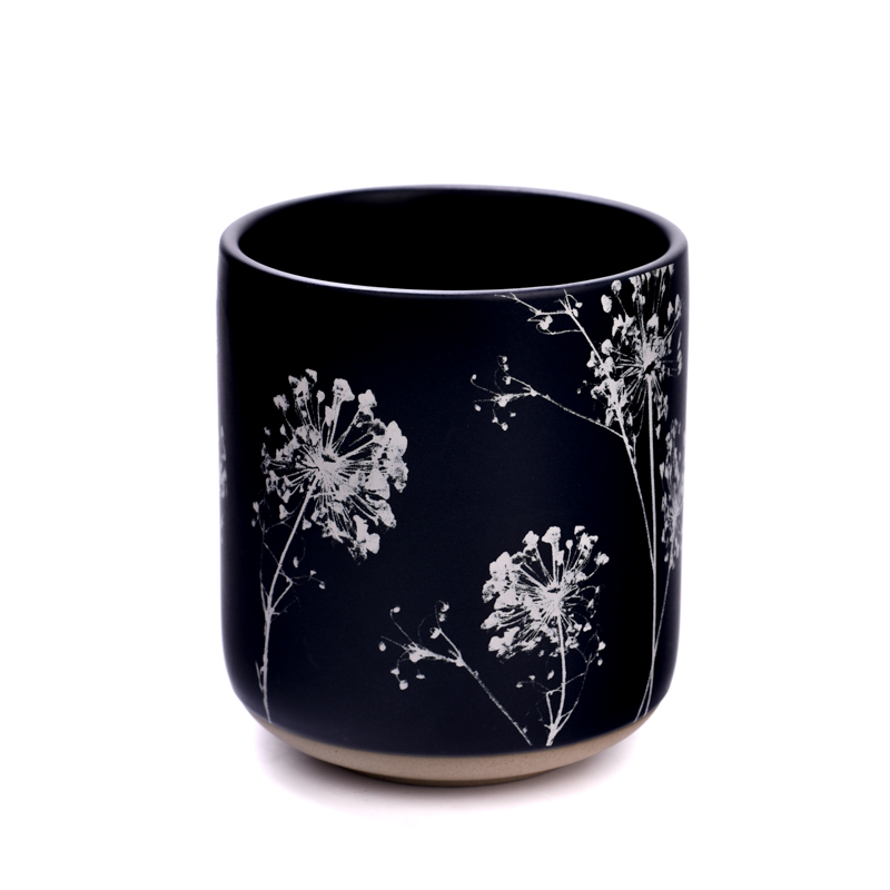 Custom Black Ceramic Candle Jars with Flower printing for Christmas