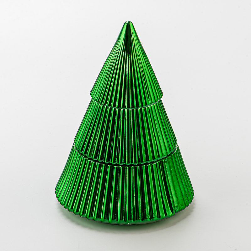 Green Electroplated metal finished Tree Jars Glass base with lids for candle filling